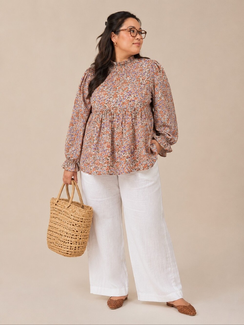 Chic Soul Plus Size 2x: Floral Peasant Blouse- Mock Neck- Long Sleeve